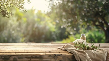 Obraz premium A natural wooden table with an organic cloth and an olive tree plant, creating a product placement mockup design background. This outdoor tropical summer scene features a rustic vintage countertop dis