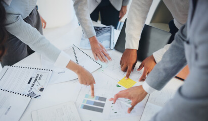 Hands, business people and group with graphs, above and circle with writing, point and notes for finance. Staff, audit and performance review for stats, charts or notebook with paperwork in office