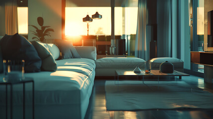 A stylish interior with sleek furniture and a modern color palette, captured in high definition