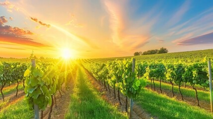 Naklejka premium green vines, grass foreground; blue sky, clouds background