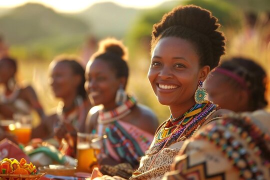 Independence Day (Swaziland). A group of friends or family members wearing traditional Swazi attire, such as colorful patterned fabrics and beaded jewelry.