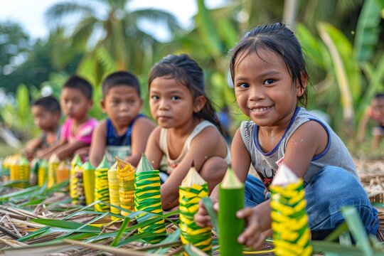 Feast of San Lorenzo Ruiz (Philippines). An outdoor shot of Filipino children playing traditional games such as piko or luksong baka, capturing the joy and camaraderie of the holiday celebration.