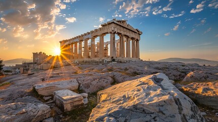 Obraz premium The ruins of an ancient Greek temple, the Parthenon, situated on the Acropolis in Athens, Greece, illuminated by a beautiful sunset.