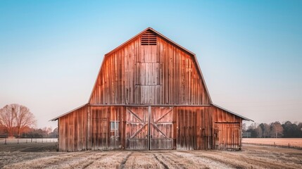 Obraz premium A barn sits in the heart of a snow-covered field, surrounded by pristine whiteness Above it, a clear blue sky stretches, dotted with a few clouds nest