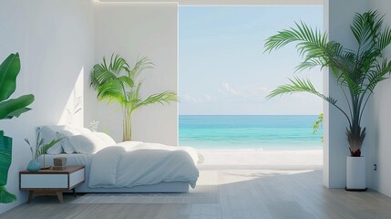 Fototapeta premium A 3D rendering of a white modern hotel bedroom interior featuring a bed, a drawer with decorations, and a plant on a hardwood floor.