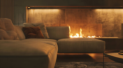 A stylish living room featuring a sleek sofa and a cozy fire, creating a warm ambiance, captured in HD