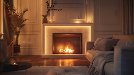 A stylish living room featuring a sleek sofa and a cozy fire, creating a warm ambiance, captured in HD