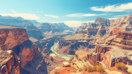 a river runs through the canyon, and a blue sky adorned with wispy clouds frames the scene