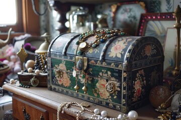 A whimsical jewelry box shaped like a treasure chest, placed on a children’s fairy-tale-themed...