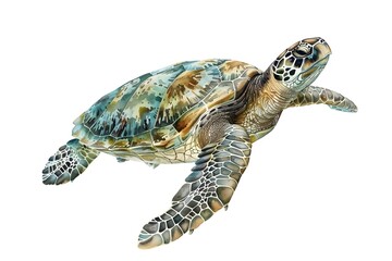 Fototapeta premium Watercolor of a Majestic Sea Turtle Against a White Background