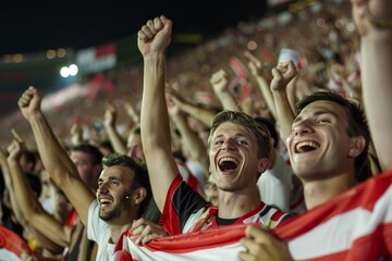 Nighttime image of exuberant fans with raised fists celebrating a moment at a sports event