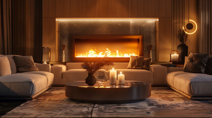 A stylish living room with a contemporary sofa and a warm fire, captured in high definition