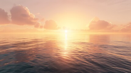 Obraz premium A large body of water with the sun setting amidst it, surrounded by clouds both in the sky above and reflected on its surface