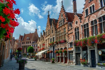 Fototapeta premium Quaint European architecture with vibrant flower adornments on sunny day, showcasing a picturesque cobblestone street lined with historic buildings