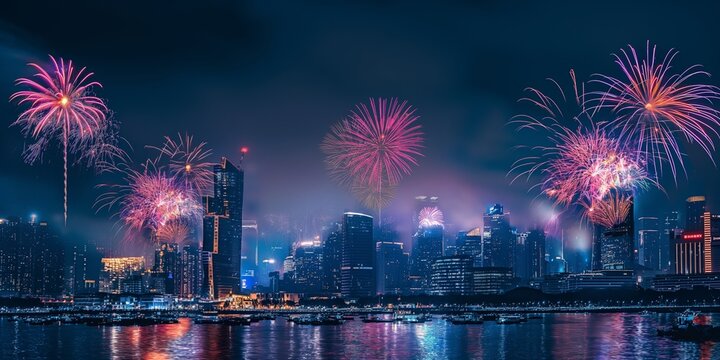 A lively urban night scene showcasing a spectacular fireworks display over a cityscape, highlighting the city's celebrations and vibrant night-life under the illuminated night sky.
