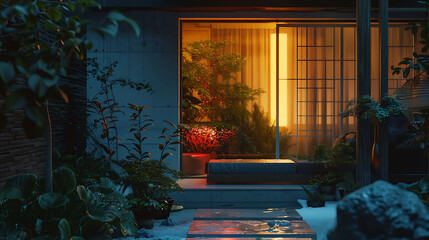 A stylish minimalist exterior with cozy touches and soft illumination, captured in high definition