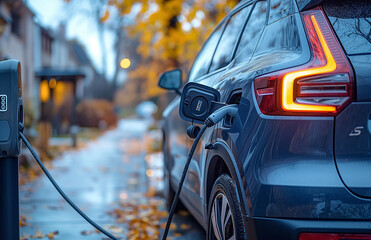 Close-up of an electric vehicle charging at home, with autumn-colored trees and houses in the bokeh background, highlighting sustainable transportation in a residential setting.