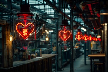 Obraz premium Industrial scene with glowing neon hearts, capturing urban nightlife and modern romance in stock photography 