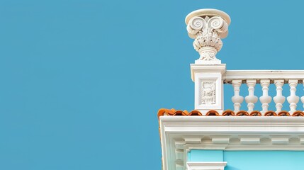 Fototapeta premium A building with a top-tier balcony and a clock at its peak, as well as a lower balcony featuring another balcony