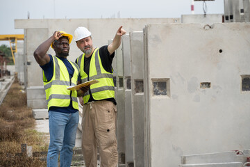 Portrait African American engineer man working with caucasian engineer man at precast cement...