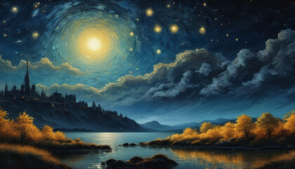 Obraz premium Vibrant Starry Sunset Over Mountain Lake Landscape Dreamy Twilight Stars