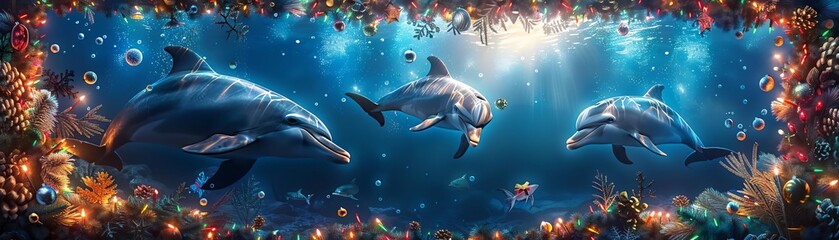 Obraz premium Long shot, dolphins with festive garlands and holiday baubles, celebrating Christmas in July in a sunlit tropical sea