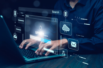 Man using laptop with Update Software Computer Program Upgrade Business Technology Internet, Update on virtual screen. Internet and technology concept, loading bar with installing the update.