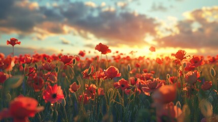 A field of red flowers with a beautiful sunset in the background