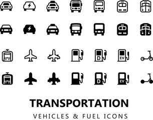 Public Transport Icon Set. Vehicle Types Car, Bus Train Metro, Ship, Railway, Air Transportation, Plane, train fuel and EV Symbol Collection. Stroke and fill Vector Illustration solid icons collection