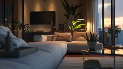 A well-lit modern living room with sleek decor and an abundance of natural light, captured in high definition