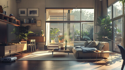A well-lit modern living room with sleek decor and an abundance of natural light, captured in high definition