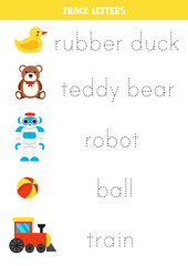 Tracing names of cute cartoon toys. Writing practice. Tracing words.