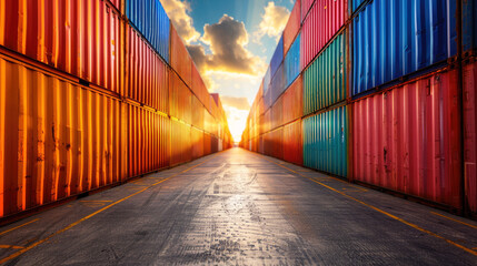 Fototapeta premium colorful shipping containers in a harbor stacked high, creating an endless wall in the background with a wide open road leading into it under a cloudy sky at sunset