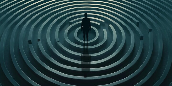 A solitary person stands in the center of an abstract circular maze with concentric layers, casting a shadow, depicting introspection and challenge.