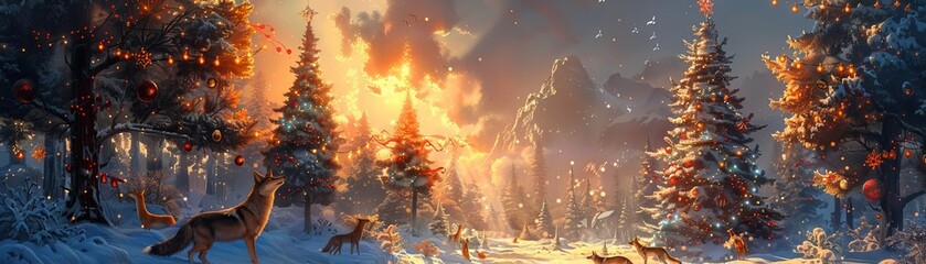 Naklejka premium Long shot of coyotes howling festively under a summer sun, Christmas decor adorning trees, cheerful wildlife, vibrant summer colors, photorealistic style, joyful celebration scene