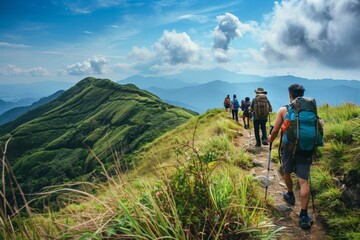 Obraz premium Hiking enthusiasts explore different mountain trails