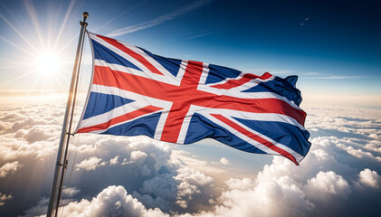 the great Flag of the United Kingdom waving above the clouds, copy space for text, ad shot
