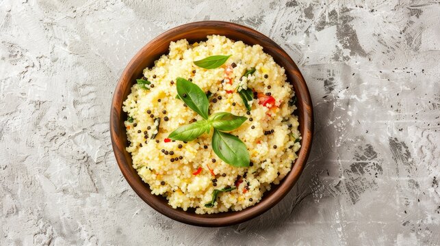 Gourmet Plate of Upma, Savory Semolina Porridge, on Light Gray Background for Culinary Delight