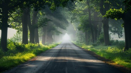 Obraz premium tree-lined country road disappearing into a misty forest
