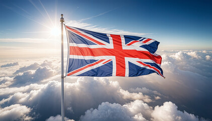 the great Flag of the United Kingdom waving above the clouds, copy space for text, ad shot
