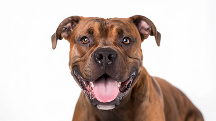 Obraz premium Large dog looking up at camera while sitting in the kitchen. Female Boxer Pitbull mix sitting on kitchen floor, waiting for food or obedience training. Happy and relaxed body language. Selective focus