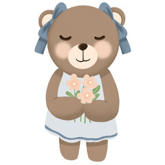 a cute bear holding flowers in a dress