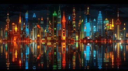 Futuristic 3D graphic of a city skyline illuminated by neon lights, featuring surfing themes that add a dynamic and energetic vibe to the urban night