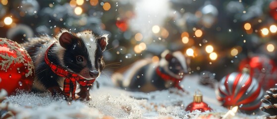 Long shot of skunks in Christmas in July theme, holiday stripes and cheerful decorations, summer landscape, festive and lively, photorealistic details, capturing the joyous mood of wildlife