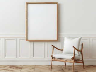 Blank frame mockup in the wall with a chair