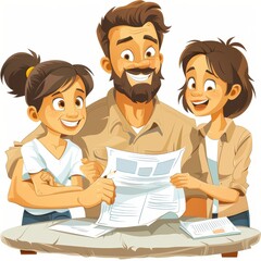 Fototapeta premium Happy family reading newspaper together. Cheerful father with two daughters enjoying leisure time. Vector illustration of family bonding.