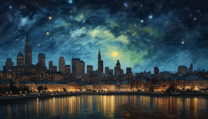Fototapeta premium Vibrant Starry Night Over Cityscape with Reflections Modern city