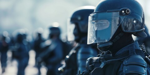 A group of riot police dressed in full protective gear with visors, standing in a formation ready to maintain order, highlighting authority, security, and tension in a modern setting.