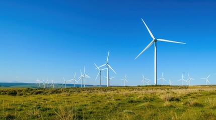 A wind farm with towering wind turbines generating renewable energy against a clear blue sky.