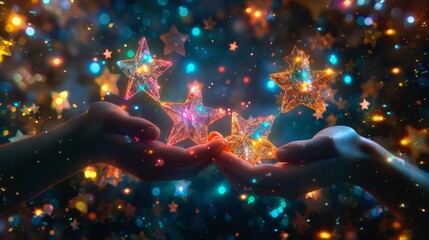 Fantasy glowing star and moon garland held by hands against a black background with vibrant stars shining brightly in the sky, animated energy and soft glow effect in fluorescent yellow color scheme, 